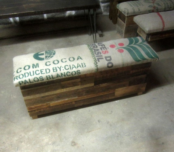 Salvaged wood and recycled coffee sack storage benches