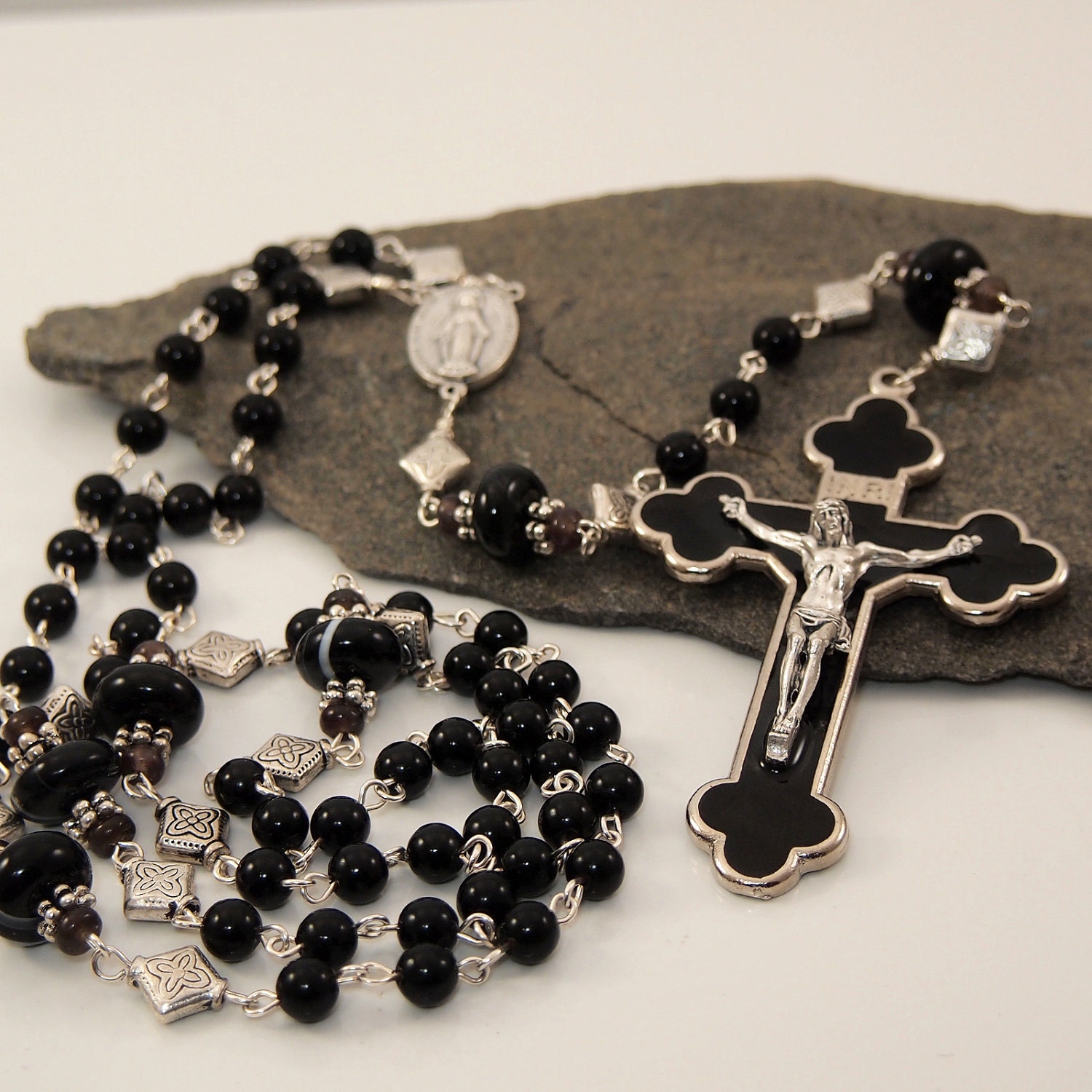 Mens Long Black Agate Rosary with Black Enamel Cross