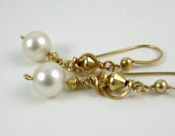 Gold White Pearl Earrings, Small Gold Filled Pearl Earrings, Genuine Saltwater Pearl Earrings