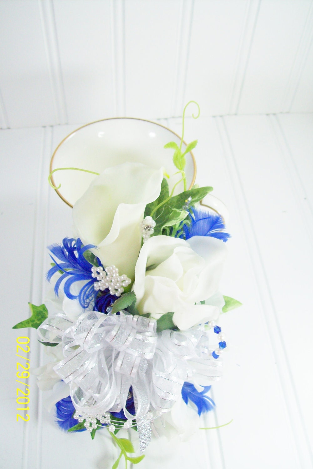 Reserved for Katie Wedding Wrist Corsage in White Royal BlueSilver and