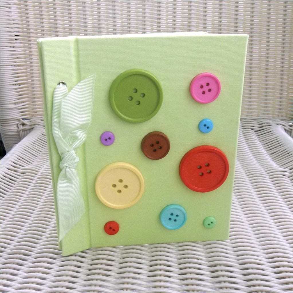 Photo Album, Bright Green Fabric, Buttons, Bow