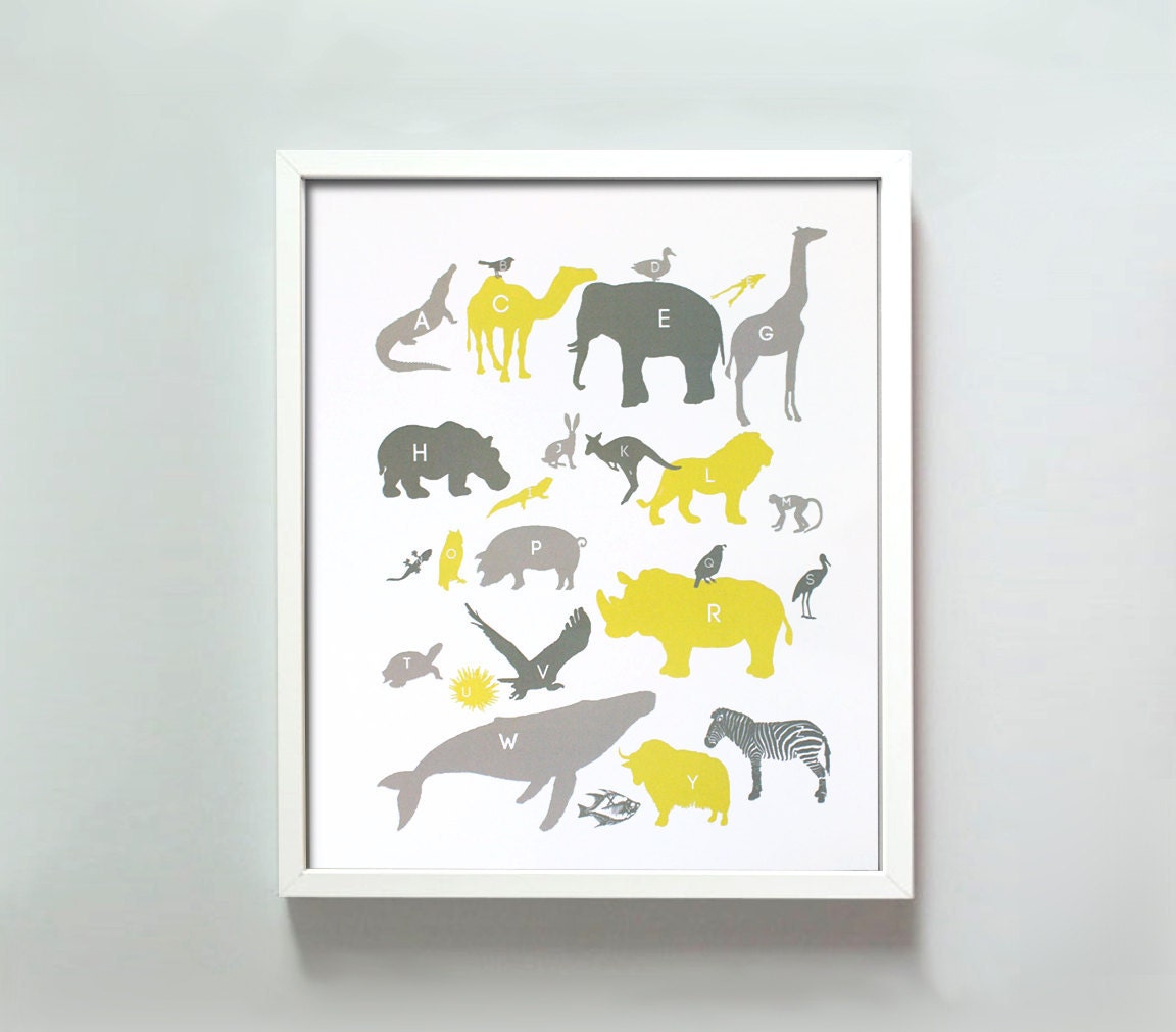 11x14 Alphabet Animals Print in Grays and Yellow