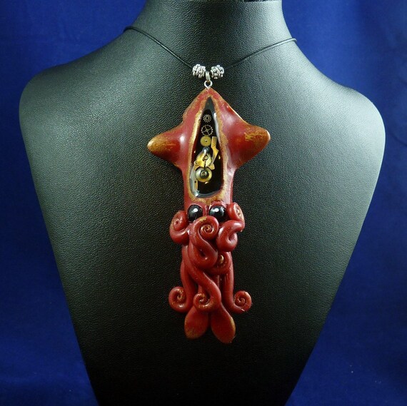 Gilded Steampunk Squid Necklace - Polymer Clay Jewelry Pendant