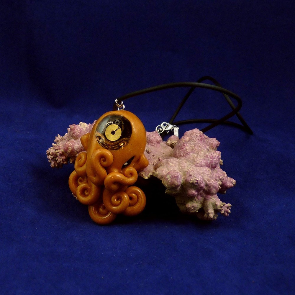 Brass Steampunk Octopus Necklace -  Polymer Clay Neo-Victorian Jewelry