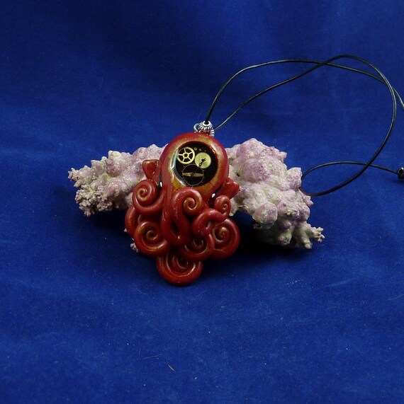 Gilded Steampunk Octopus Necklace -  Polymer Clay Neo-Victorian Jewelry