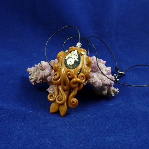 Brass Steampunk Cuttlefish Necklace - Handmade Polymer Clay Jewelry