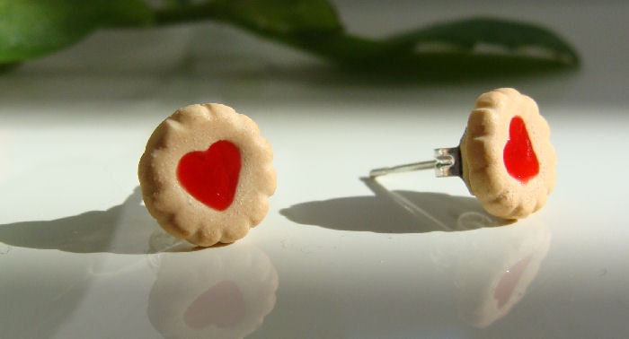 Heart Jam Cookie Ear Studs  - Miniature Food Polymer Clay Jewelry