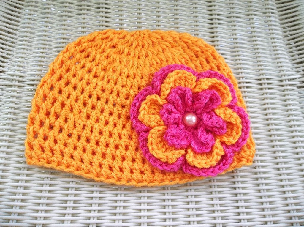 Crocheted Beanie Mango with Removable Flower Pin Brooch Mango , Bright Pink
