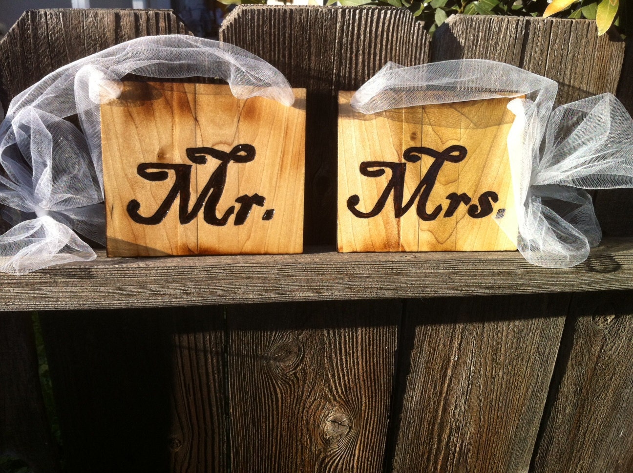 HAND BURNED Mr and Mrs Wedding Chair Signs Set Bride and Groom Hubby and 