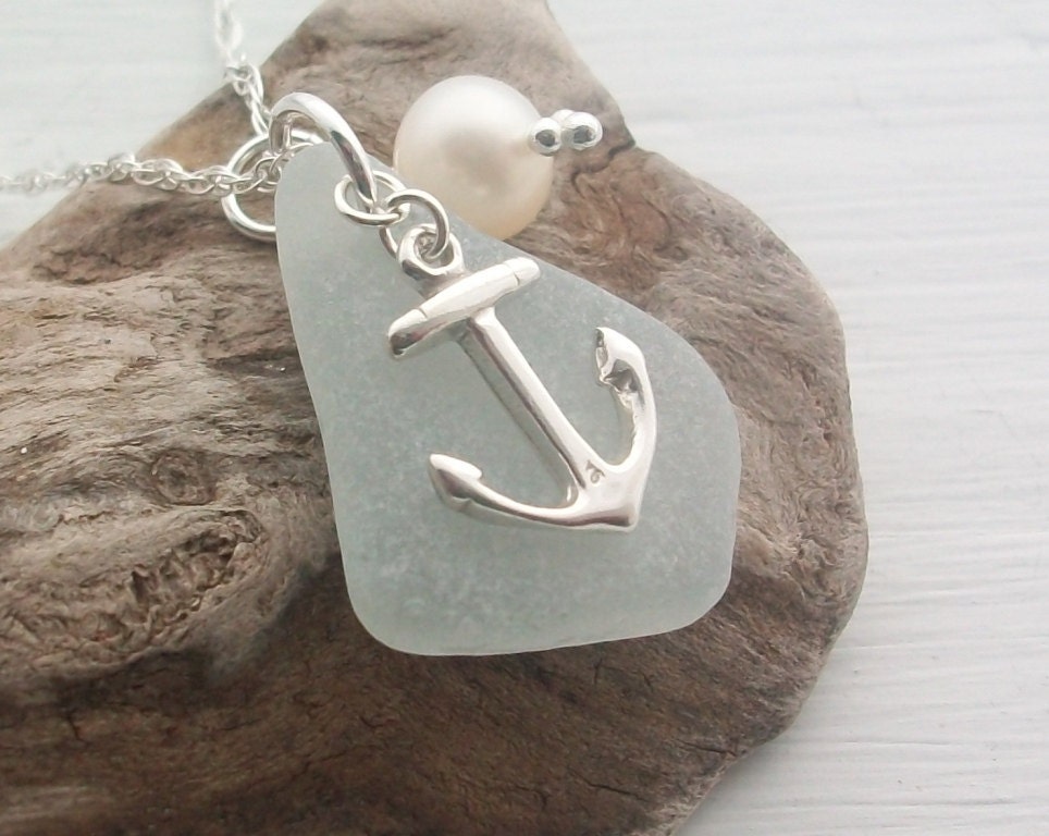 Scottish Sea Glass Jewelry - Sea Glass and Sterling Silver Anchor Necklace ....... SEAFOAM ANCHOR