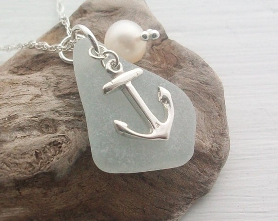 Scottish Sea Glass Jewelry - Sea Glass and Sterling Silver Anchor Necklace ....... SEAFOAM ANCHOR