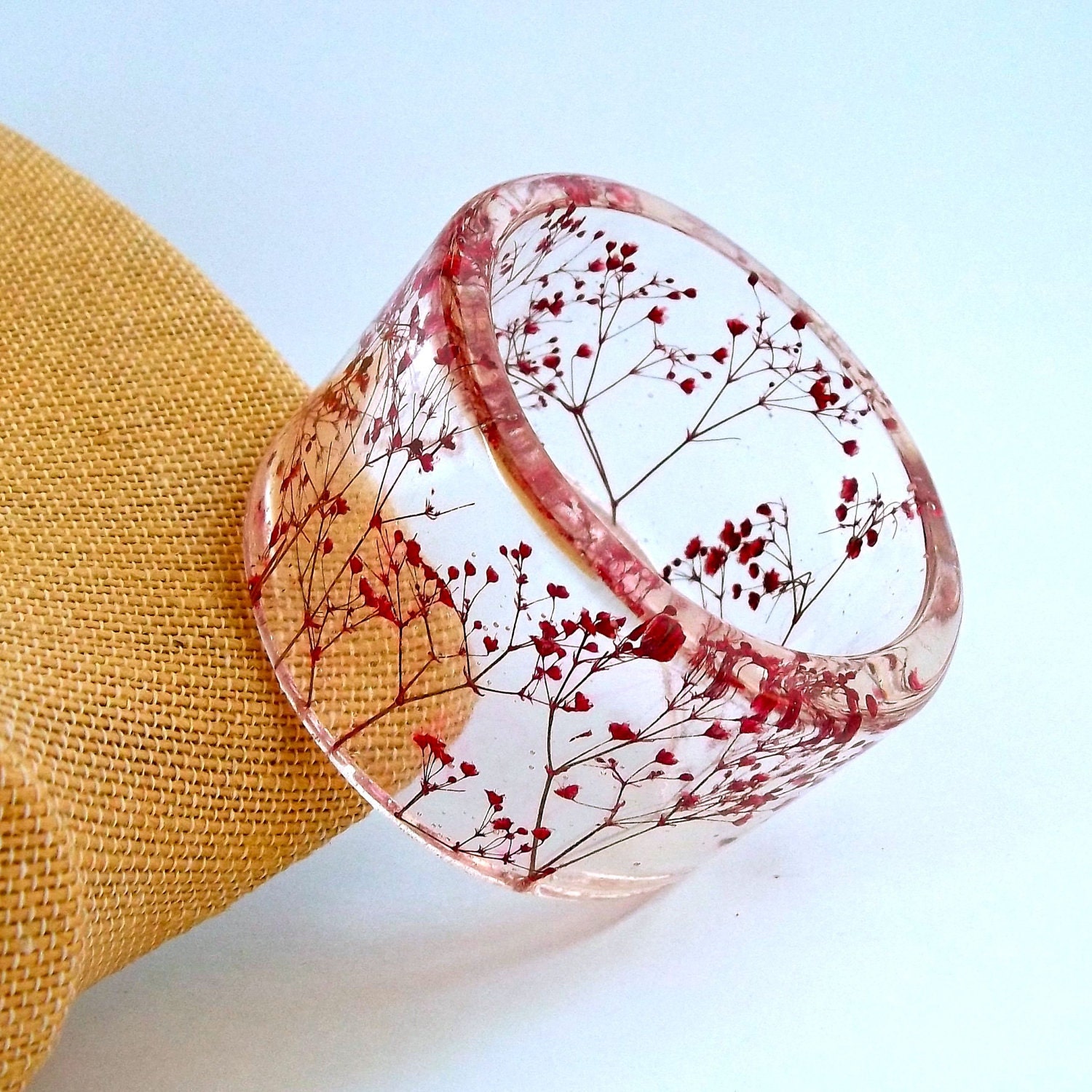 Red Botanical Resin Bangle.  Chunky Bangle with Pressed Flowers.  Real Flowers - Red Baby's Breath