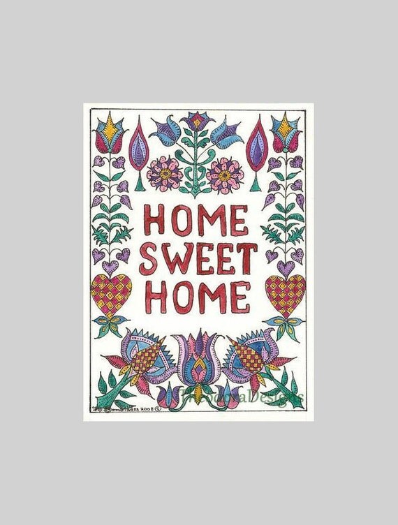 Home Sweet Home Fraktur with Flowers,Hearts ACEO by Theodora