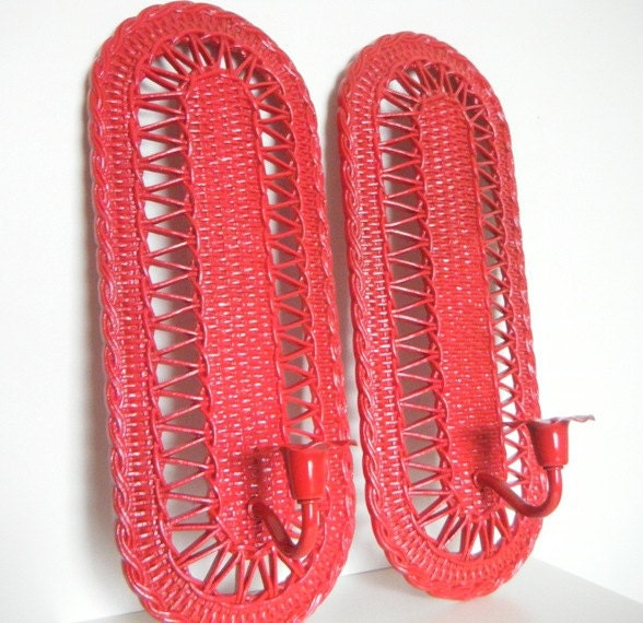 Bohemian Chic Decor. Glossy Red Candle WALL Sconces Vintage Upcycled Home Decor Set of Two