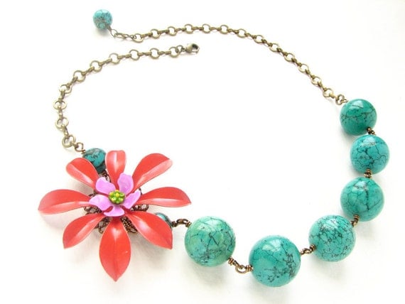 Rustic orange floral statement necklace, vintage brooch moss turquoise stone OOAK rustic orange green floral jewelry - soradesigns