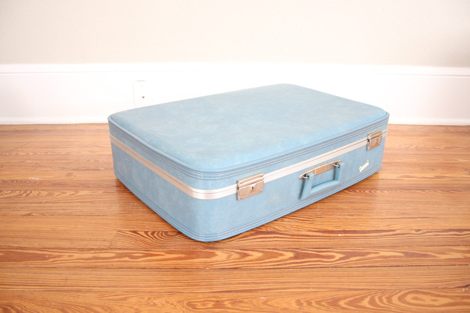 Vintage Blue Suitcase // 1960s Mid Century Retro Luggage in Baby Blue and Silver by Carousel