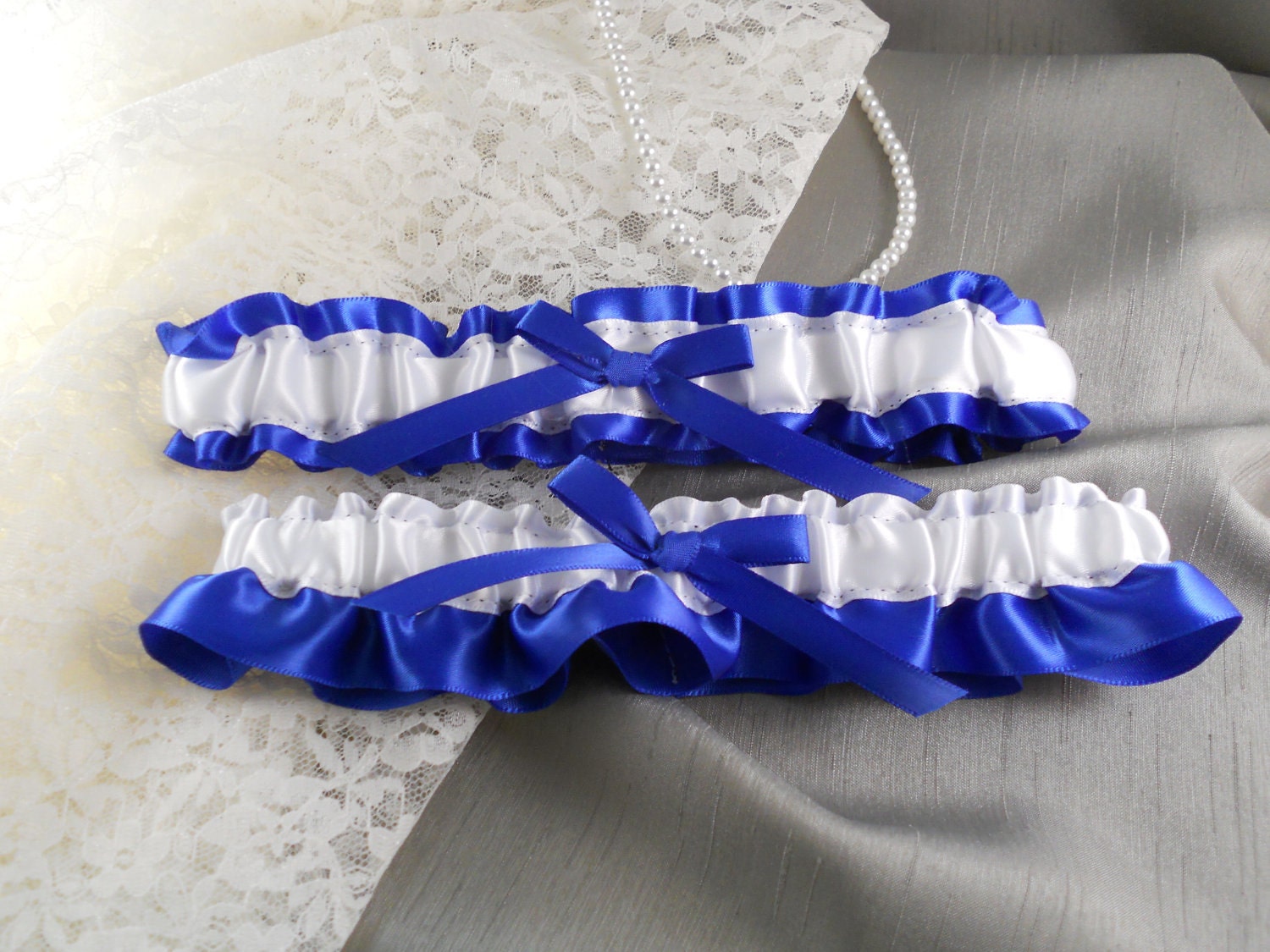 Royal Blue and white Wedding Garter Set From SeaminglySewLLC