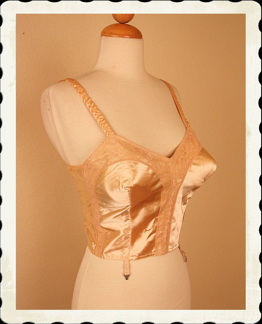 DEADSTOCK w/ Tags Pale Peachy Silk Satin 1950's Bullet Bra Camisole Top w/ Garter Hooks by Lilees by Lily of France - Pinup - Size 38 Bust