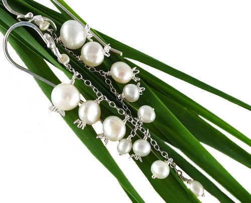 Sterling Silver Pearls LilyoftheValley Flowers Bridal Wedding Dangle