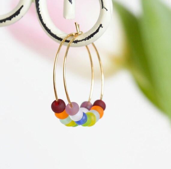 Colorful Beaded Hoop Earrings, Tiny Glass Beads on Gold Hoop Earrings