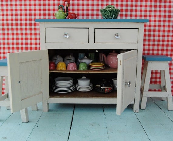 Unique 1950's vintage miniature TOY KITCHEN SET - handmade wooden furniture: cupboard & 2 stools