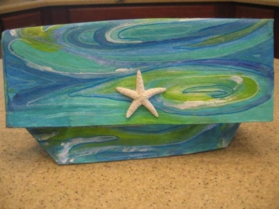 Hand-Painted, Canvas Clutch Bags- "Water in Blues & Greens" - with Starfish (LARGE)
