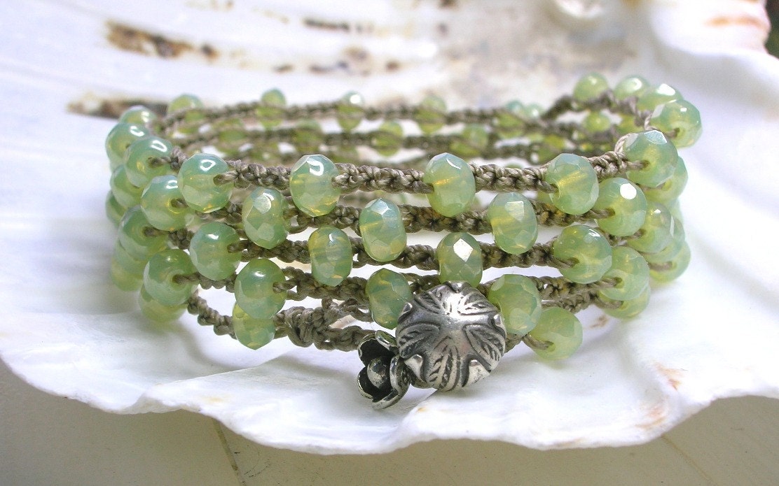 Beaded wrap bracelet "Margarita Splash" Thai silver charms, pale green, crochet bracelet, Bohemian jewelry, spring pastel fashion