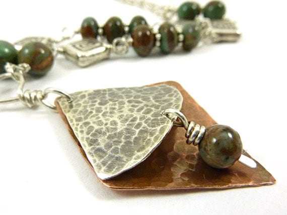 Layered Necklace Sterling Silver Copper Mixed Metal Green Bronze African Jade Gemstone