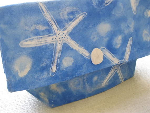 Hand-Painted, Canvas Clutch Bags - "Starfish" in Ocean Blue (LARGE)