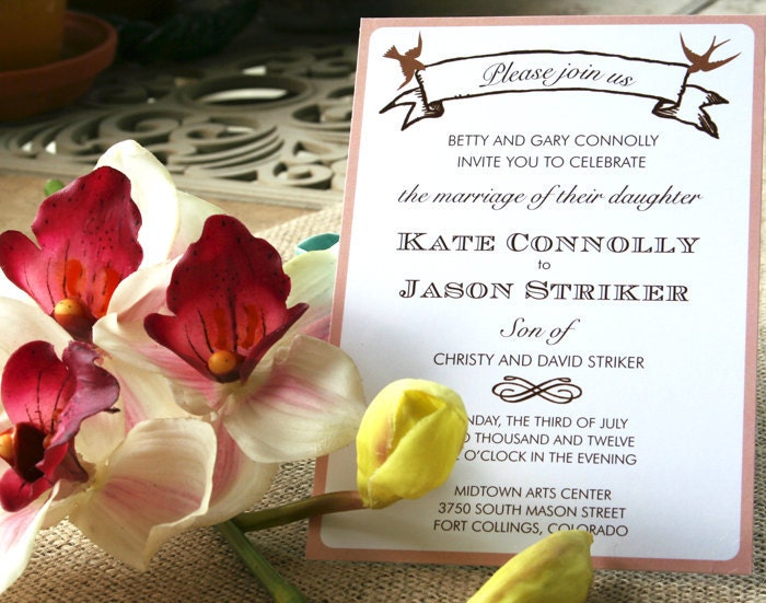 Bird and Banner Wedding Invitation pink and chocolate brown or customized