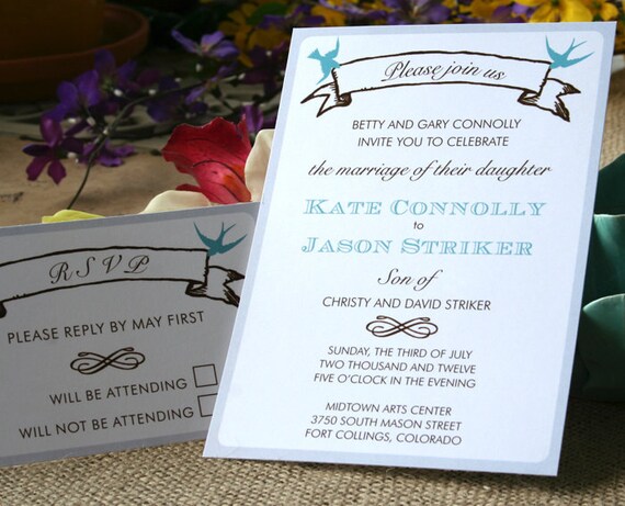 Bird and Banner Wedding Invitation pink and chocolate brown or customized 