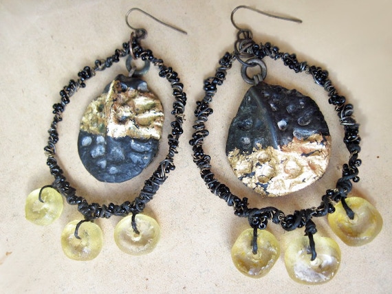 Come to Dust. Alligator Scales and Gold Foil Rustic Assemblage Earrings.