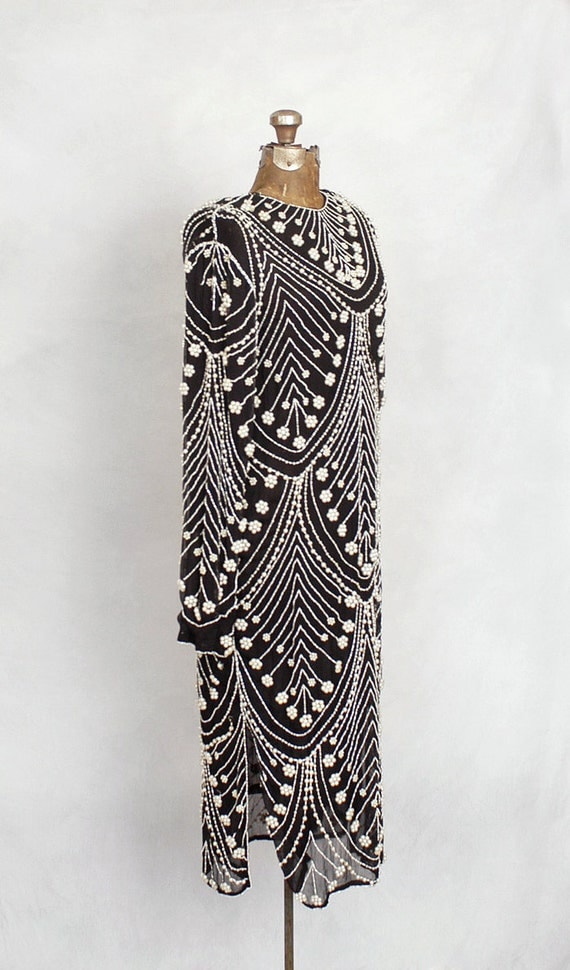 1920s black and white silk chiffon pearl-beaded gown