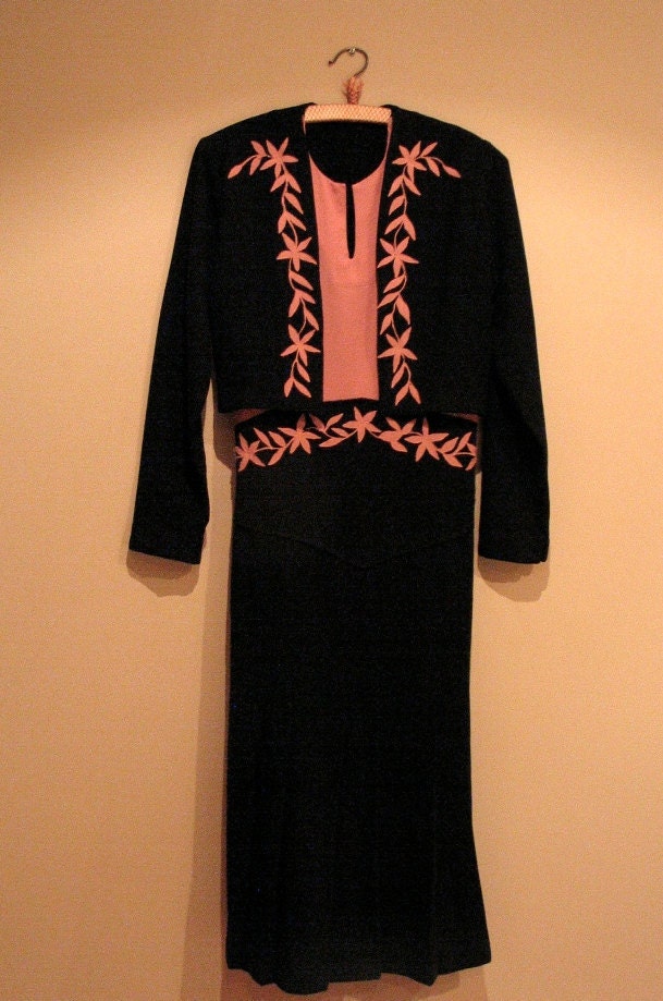 Vintage 1930s Pink & Black Woolen 'Lily' Dress with Built in Jacket
