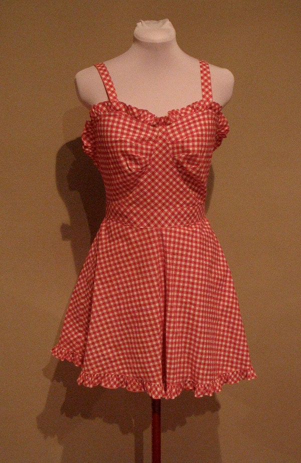 Vintage Late 40s Early 50s Red Gingham Playsuit with Ruffles