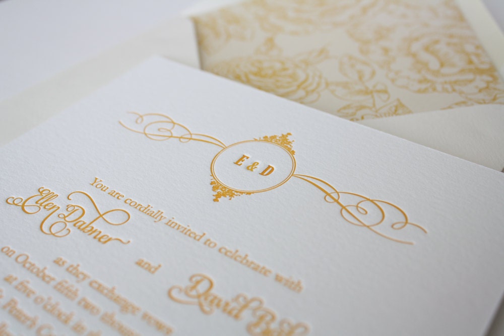 Letterpress Wedding Invitation - Margaret - Elegant Monogram Motif Yellow Invitation