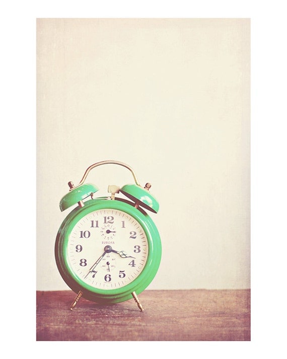green alarm clock photograph - whimsical fine art photography, vintage inspired, nostalgic, time - 10x8
