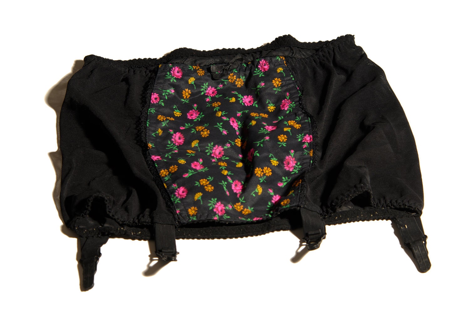 1950s Black Waspie Floral Suspender Belt, Garter, Girdle - 28-34"