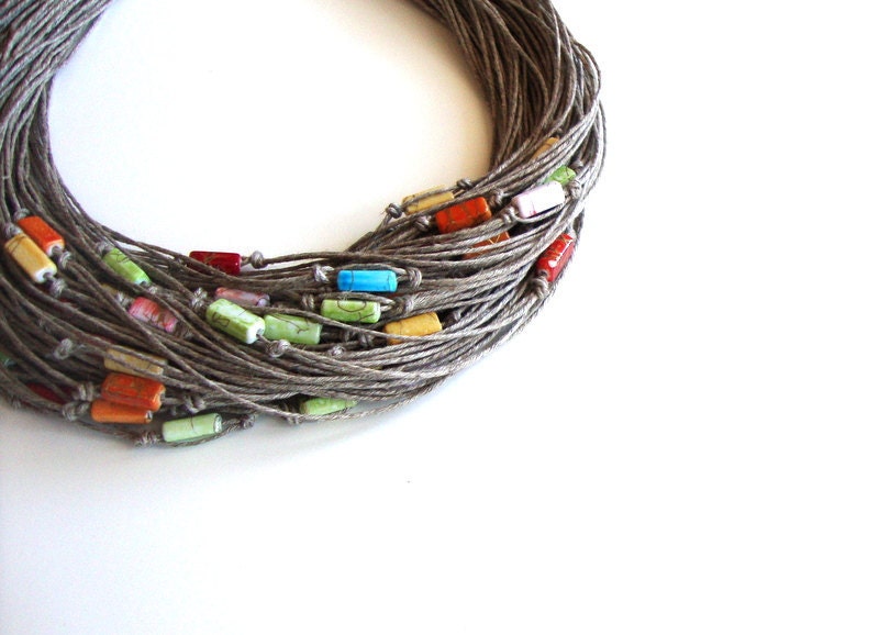 Spring fashion linen necklace, multistrand beaded necklace, colorful bib