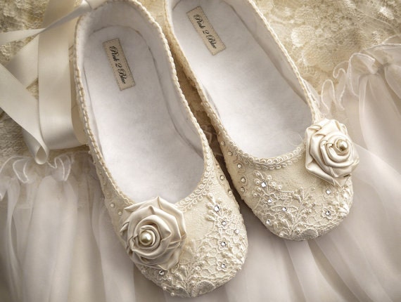 Ballet Flat Wedding Shoes Bridal Vintage Lace Swarovski Crystals Pearls 