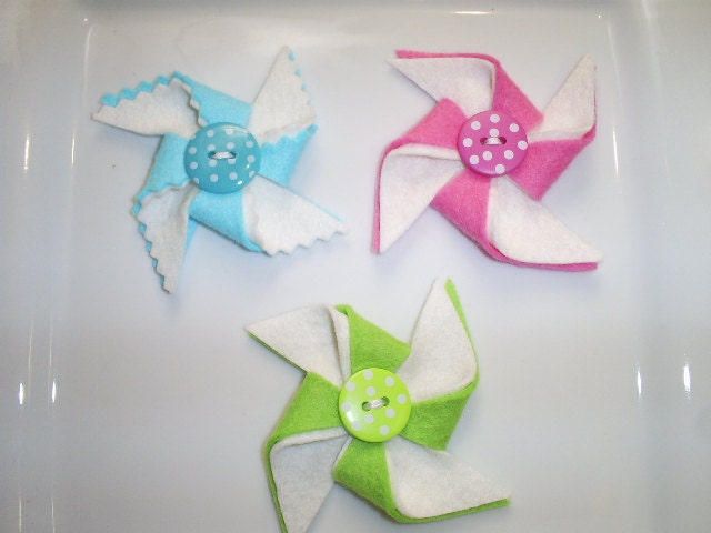 Adorable Set of 3 - Aqua, Lime and Bright PInk Felt Pinwheels With Button Center- Ready To Ship