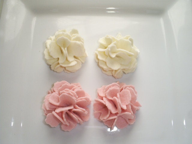 Wool Felt Flowers -  Set of 4 Ruffled Flower Puffs- Baby Pink and Ivory Ready To Ship