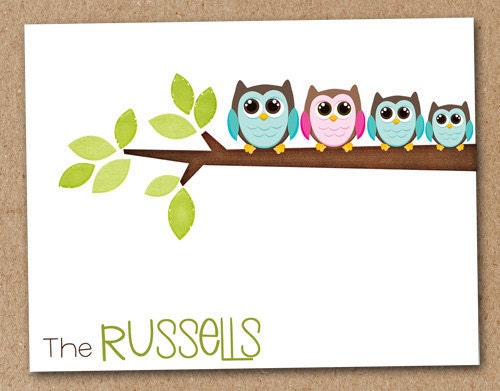 Owl Family Personalized Note Cards Stationery (set of 8)