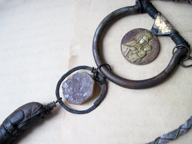 The Crownless Again Shall Be King. Multicultural Metaphysical Amulet with rustic antique medal amethyst druzy gemstone.