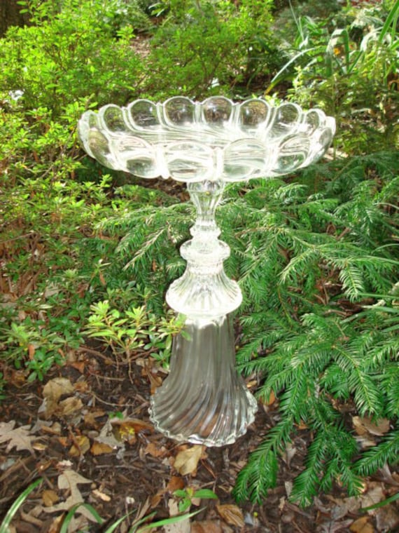 Elegant, sophisticated, and gracious pedestal bird bath.  "The Angelina" is garden art sculpture made with repurposed glass.  Upcycled art.