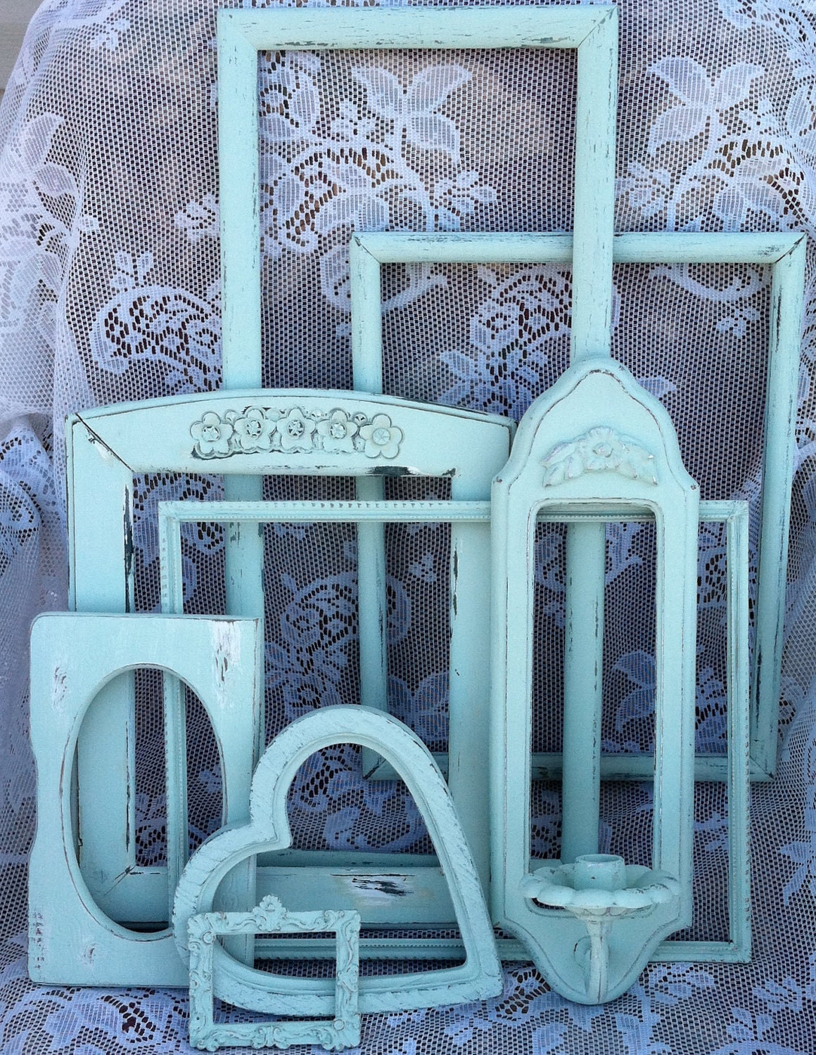 Country French Frame Collection & Sconce, Mint Green Vintage Empty Frames, Shabby Chic Green Frames, Open Frames, Instant Collection