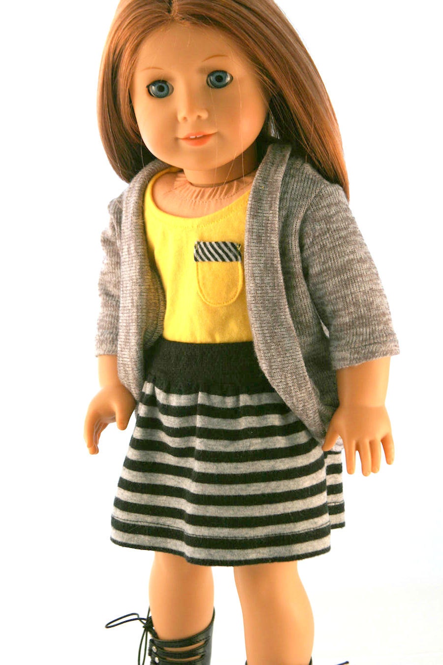 American Girl Doll Clothes - Yellow Tank with Pocket, Sweater Cardigan, and Striped Knit Skirt