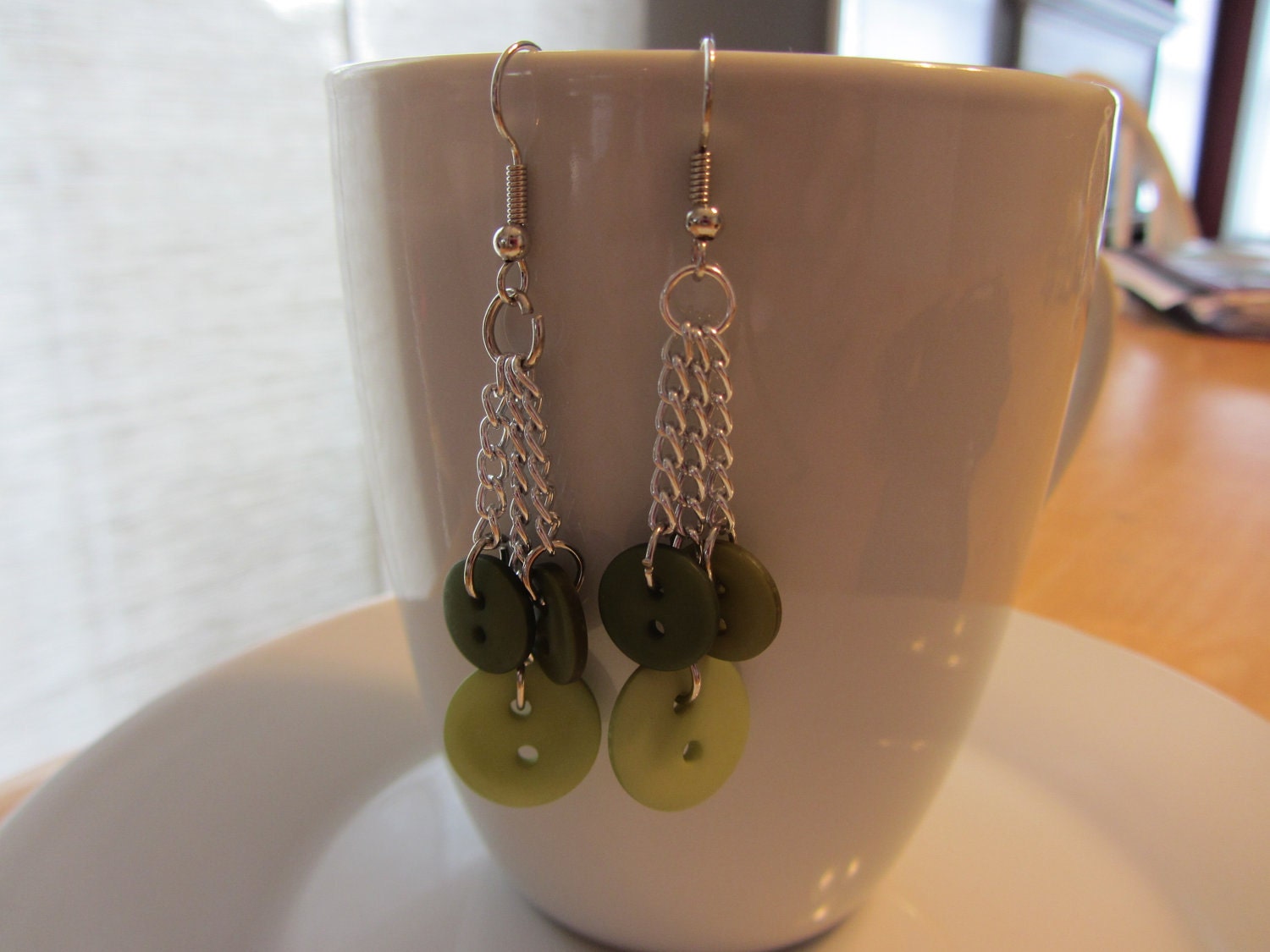 NEW SPRING ITEM - Dark and Light Green Button Chain Earrings