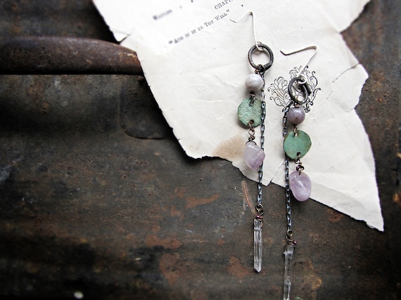 hydrotherapy - rustic assemblage earrings - quartz crystal - metal patina charms