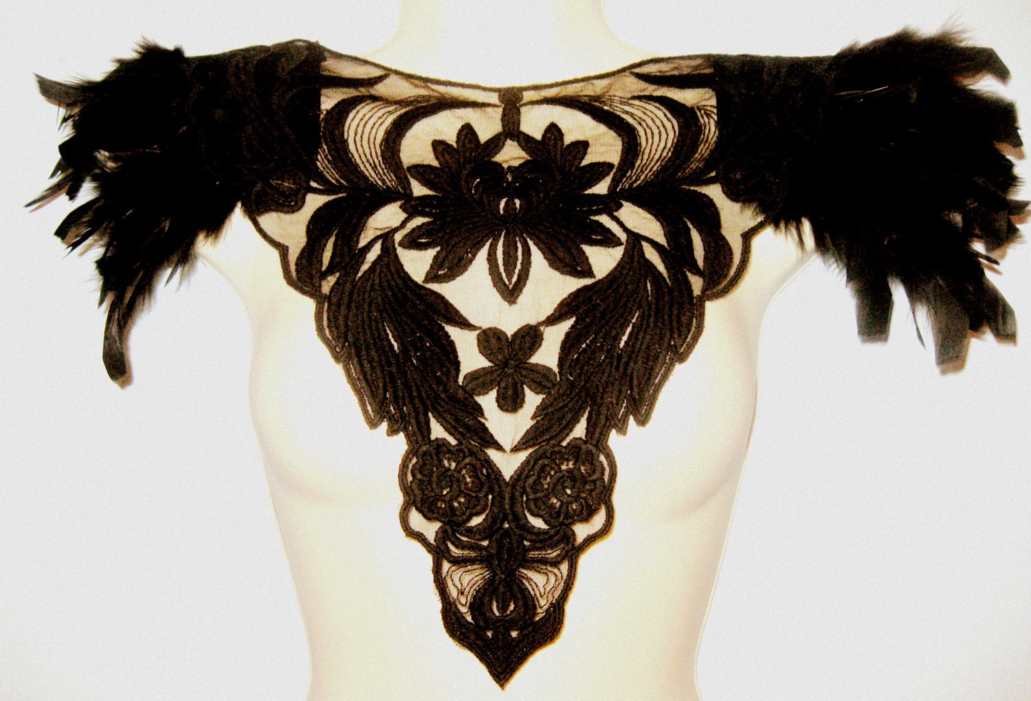 Steampunk jewelry black feather and lace statement collar with epaulettes epaulets